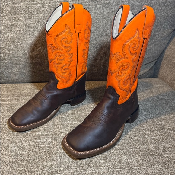 Old West BoysSix Row Stitch Western Orange and Rich Brown Cowboy Boots Size 6.0D - Picture 2 of 9